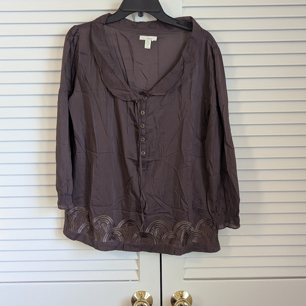 Trinity Womens Silk Chocolate Brown Embroidered Boho Chic Peasant Top